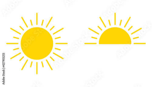 Yellow sun icon, sunshine full and sunrise or sunset. Decorative circle sun and sunlight. Hot solar energy for tan. Vector sign
