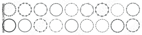 Set of round frames and monograms. Collection decorative circle borders. Abstract doodle. Rounds scribble line circles. Doodle circular logo design elements. Template labels, stickers, cards. Vector.