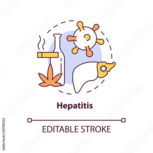 Hepatitis concept icon. Liver disease type idea thin line illustration. Liver inflammatory condition. Viral infection. Heavy alcohol use. Vector isolated outline RGB color drawing. Editable stroke