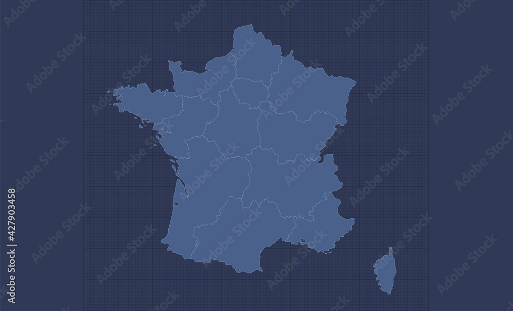 France map, separate regions, infographics blue flat design, blank
