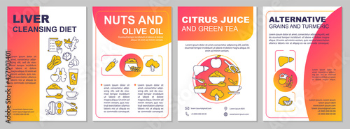 Liver cleansing diet brochure template. Olive oil, citrus juice. Flyer, booklet, leaflet print, cover design with linear icons. Vector layouts for presentation, annual reports, advertisement pages