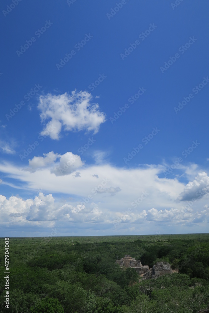 Panorama view from a mayan temple in the jungle in mexico, overview over the other ruins and the green jungle with his flora 
