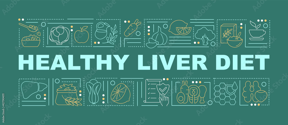 Healthy liver diet word concepts banner. Digestion functioning support. Health benefits. Infographics with linear icons on green background. Isolated typography. Vector outline RGB color illustration