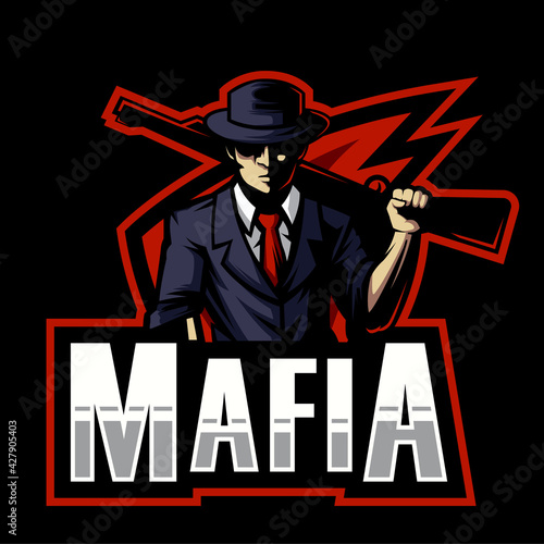 mafia carrying shotgun esports logo design. illustration of mafia carrying shotgun mascot design.