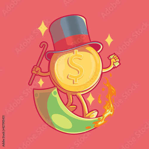 Coin surfing flaming money vector illustration. Finance, economy, funny design concept.