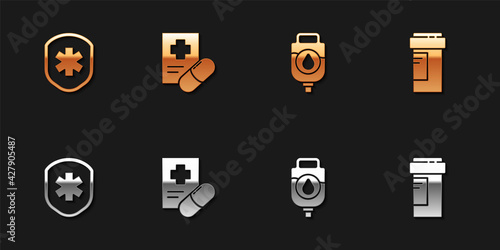 Set Medical shield with cross, prescription, IV bag and Medicine bottle icon. Vector