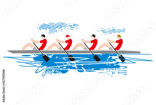 Team of four rowers, grunge stylized.
Colorful expressive Illustration of four sport rowers in boat. Isolated on white background.Vector available.