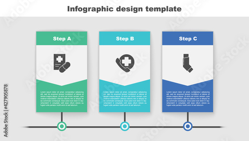 Set Medical prescription, Emergency phone call to hospital and Inhaler. Business infographic template. Vector