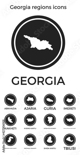 Georgia regions icons. Black round logos with country regions maps and titles. Vector illustration.