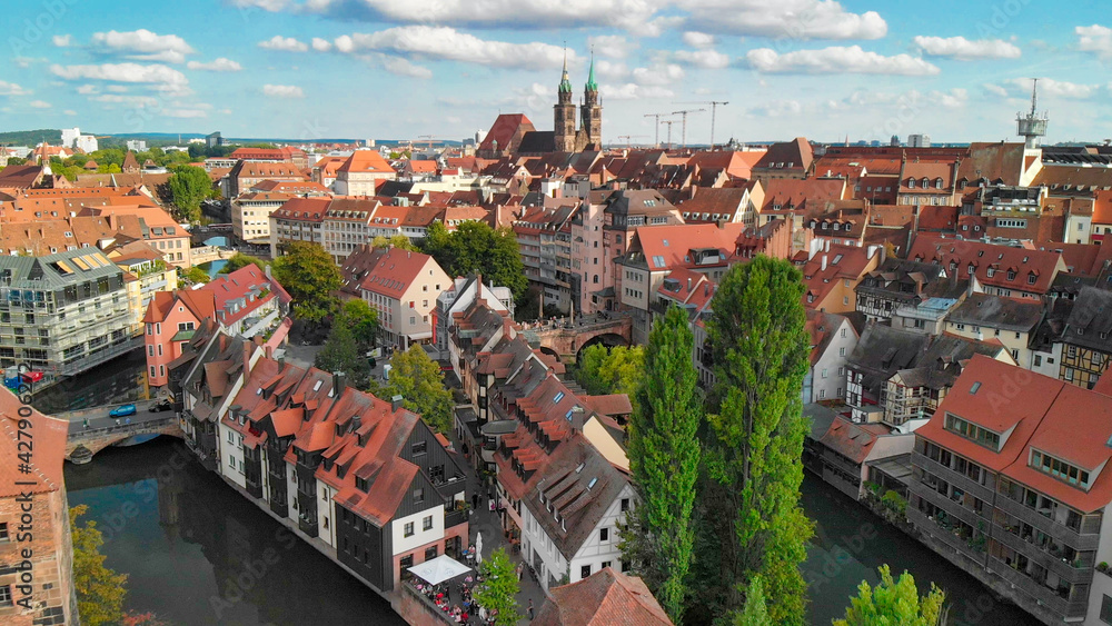 Fototapeta premium Aerial view of Nuremberg medieval skyline from drone, Germany