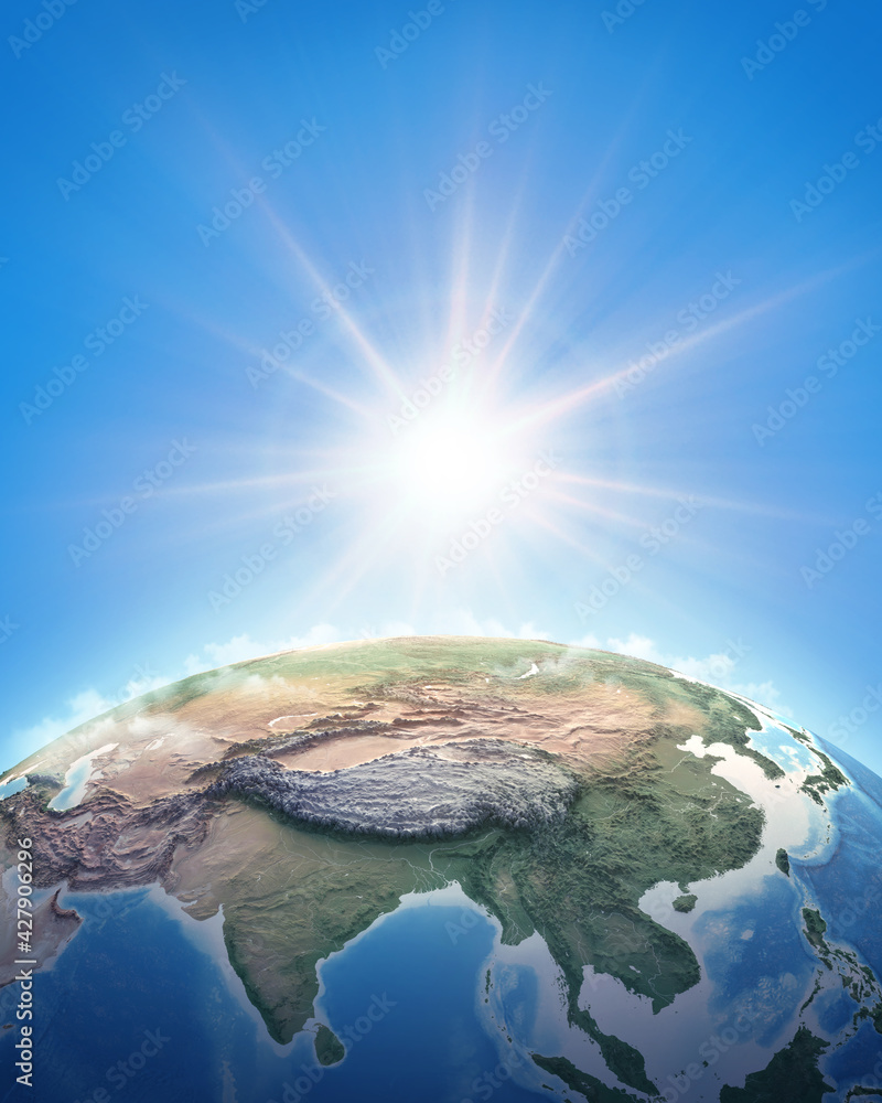 Fototapeta premium Sun shining over a high detailed view of Planet Earth, focused on East Asia, China and Himalayas. 3D illustration - Elements of this image furnished by NASA