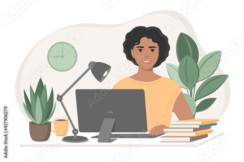 Student woman preparing for exams  using online courses, freelancer working from home. Freelance,  studying or online Education concept .Flat vector illustration. 