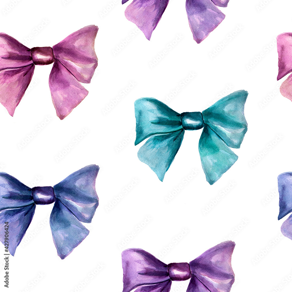 Elegant satin bows in blue and pink watercolor seamless pattern ...