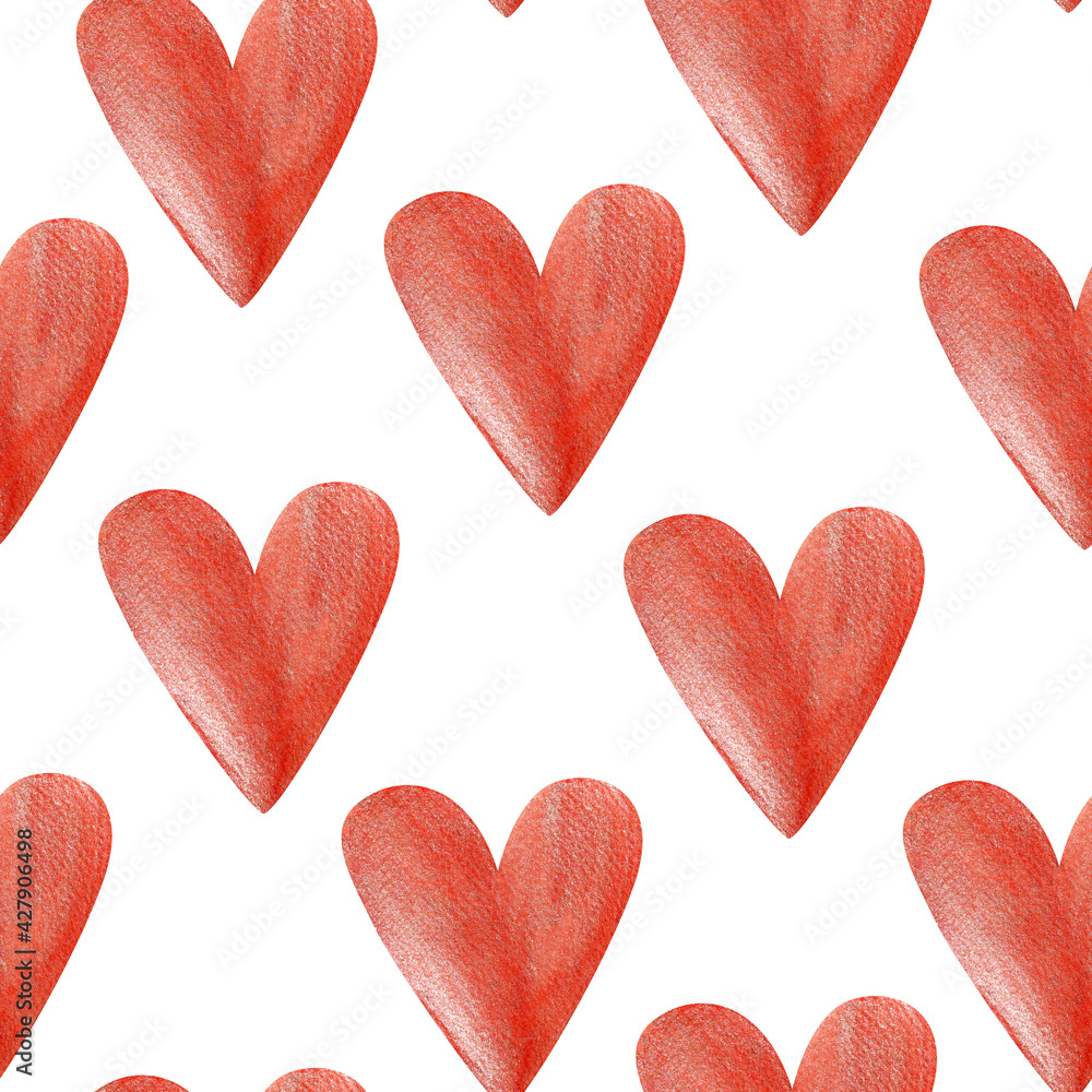 Red hearts with shining watercolor seamless pattern. Template for decorating designs and illustrations.