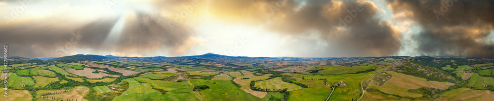 Aerial view of Tuscany Hills in spring season from drone at sunset