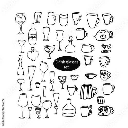 Vector doodle drink glasses set for kitchen, café, bar, restaurant, cups of tea, coffee, decanter for water, lemonade, juice, glasses for wine, champagne, vodka, cognac, brandy, cocktail, martini