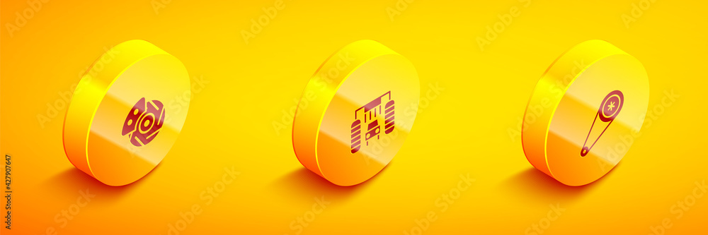 Set Isometric Car brake disk with caliper, wash and Timing belt kit icon. Vector Set Isometric Car brake disk with caliper, wash and Timing belt kit icon. Vector