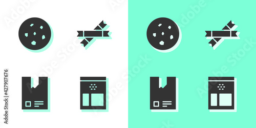 Set Bag of coffee beans, Cookie or biscuit, and Sugar stick packets icon. Vector