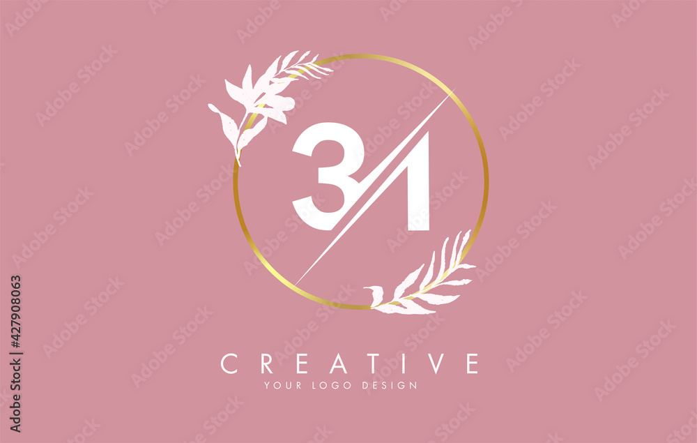 Number 31 3 1 logo design with golden circle and white leaves on branches around. Vector Illustration with numbers 3 and 1 Number 31 3 1 logo design with golden circle and white leaves on branches around. Vector Illustration with numbers 3 and 1