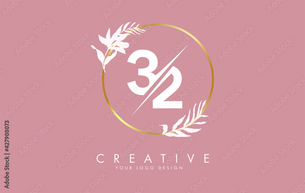 Number 32 3 2 logo design with golden circle and white leaves on branches around. Vector Illustration with numbers 3 and 2 Number 32 3 2 logo design with golden circle and white leaves on branches around. Vector Illustration with numbers 3 and 2