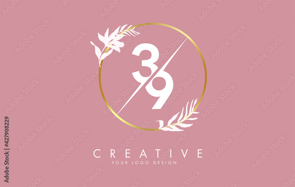 Numbers 39 3 9 logo design with golden circle and white leaves on branches around. Vector Illustration with numbers 3 and 9. Numbers 39 3 9 logo design with golden circle and white leaves on branches around. Vector Illustration with numbers 3 and 9.