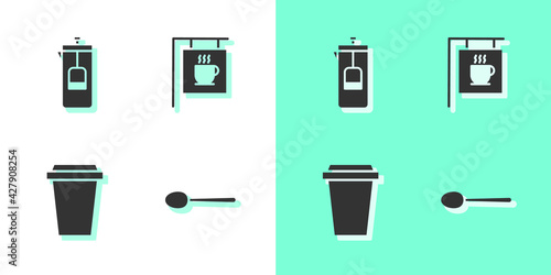 Set Spoon, French press, Coffee cup to go and Street signboard coffee icon. Vector