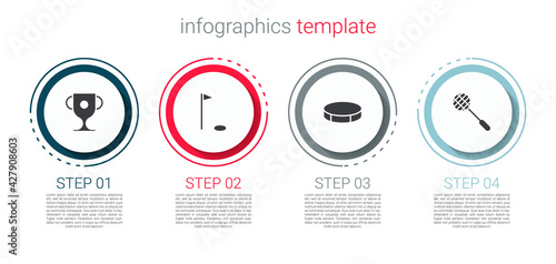 Set Award cup, Golf flag, Hockey puck and Tennis racket. Business infographic template. Vector