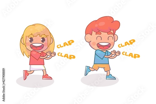 Happy cute little kid boy and girl standing and clap the hand
