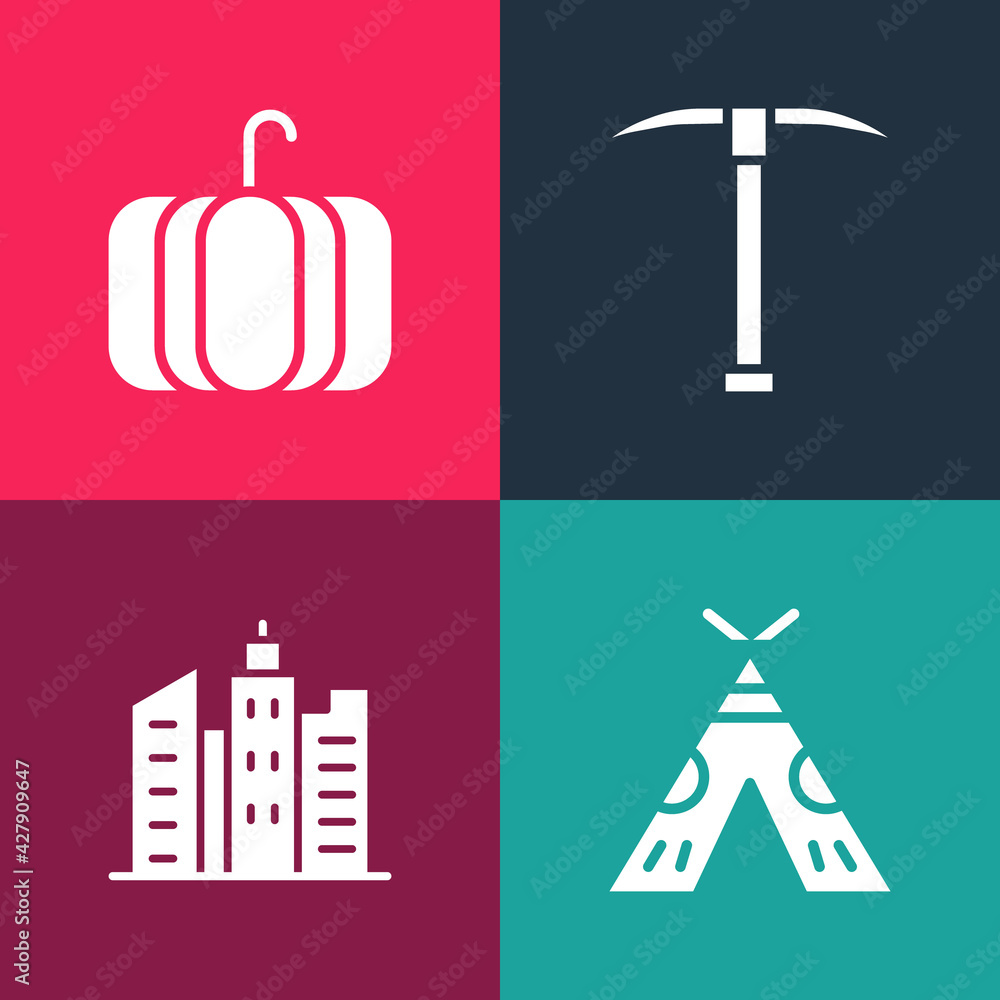 Set pop art Indian teepee or wigwam, City landscape, Pickaxe and Pumpkin icon. Vector Set pop art Indian teepee or wigwam, City landscape, Pickaxe and Pumpkin icon. Vector