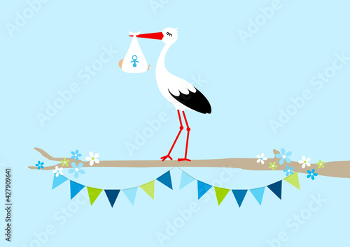Storch Mit Baby Junge Auf Ast Mit Girlanden Blau Grün