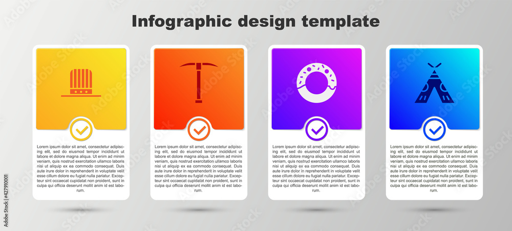 Set Patriotic American top hat, Pickaxe, Donut and Indian teepee or wigwam. Business infographic template. Vector Set Patriotic American top hat, Pickaxe, Donut and Indian teepee or wigwam. Business infographic template. Vector