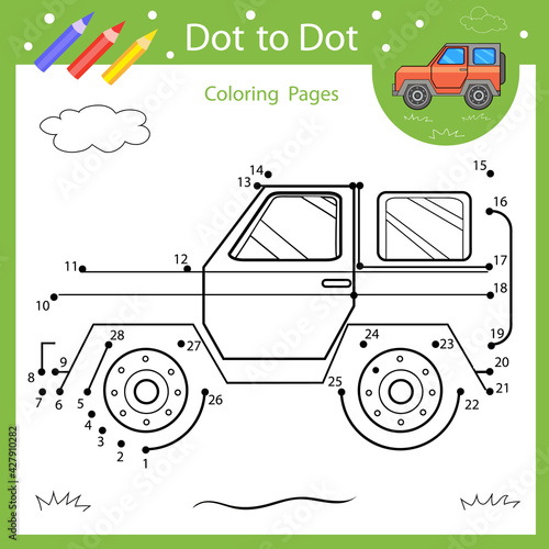 Dot to dots drawing worksheet. Drawing tutorial with car SUV. Coloring page for kids. Children funny picture riddle. Activity art game for book. Vector illustration.