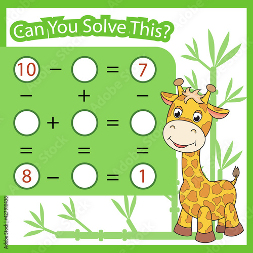 Kids education game with cute cartoon giraffe. Worksheet and activity page. Children mathematic worksheet. Vector illustration.