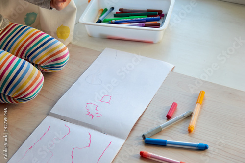 3 years girl draws a picture. Child at home, kindergarden and preschool closed during Covid-19 photo