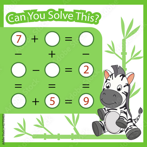 Education game with cute zebra. Children mathematic worksheet. Kids activity page. Vector illustration.