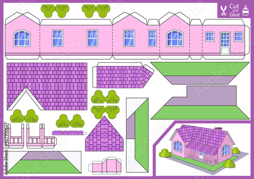 Cut and glue the 3d paper house. Children puzzle art game and activity page. Kids craft worksheet. Vector illustration of building.
