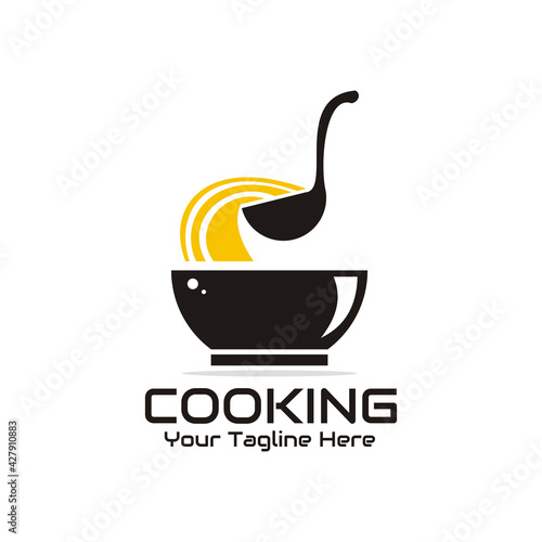 illustration vector graphic of take the soup with a ladle from the bowl, perfect for food, restaurant, resto, cafe, etc.