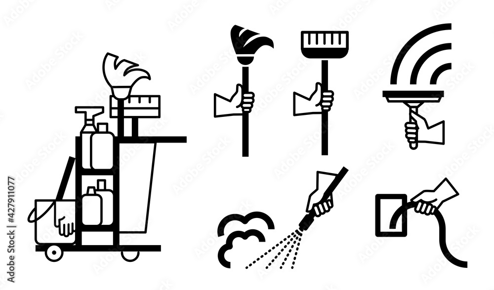 Fototapeta premium Vector illustration of cleaning service, industry cleaning tool set. 