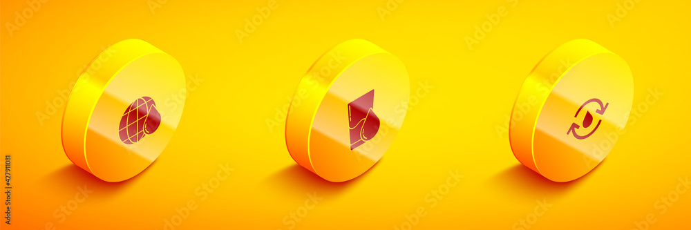 Set Isometric Earth planet in water drop, Glass with and Recycle clean aqua icon. Vector Set Isometric Earth planet in water drop, Glass with and Recycle clean aqua icon. Vector