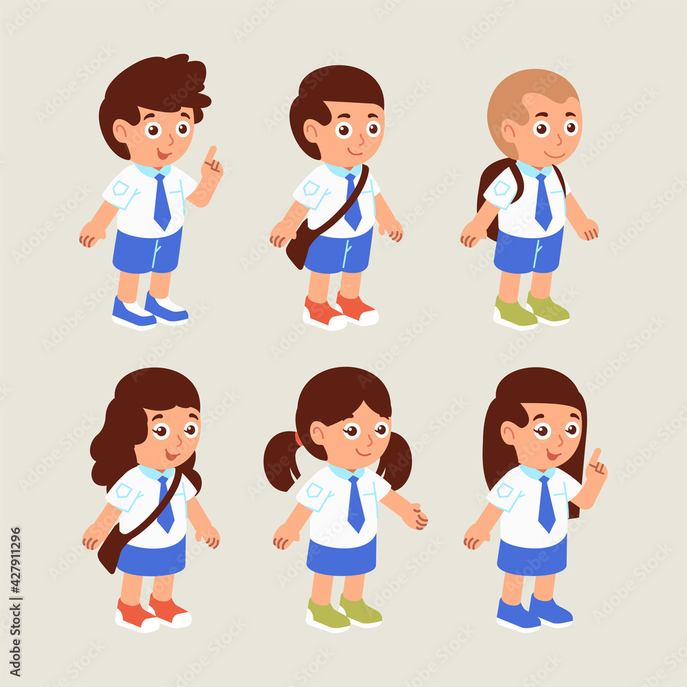 set of elementary school student character wearing uniform with different pose and facial expression vector illustration set of elementary school student character wearing uniform with different pose and facial expression vector illustration