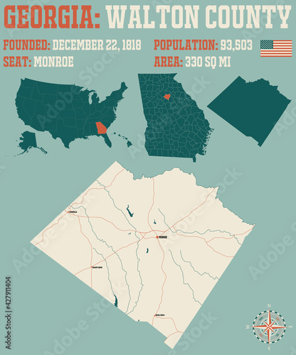 Large and detailed map of Walton county in Georgia, USA.