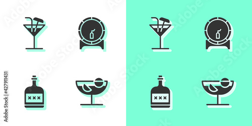 Set Cocktail, , Alcohol drink Rum bottle and Wooden barrel on rack icon. Vector