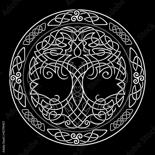 Yggdrasil tree of life Celtic sacred symbol. Celtic astronomy is a magical symbol of rebirth, positive energy and balance in nature. Vector tattoo, logo photo