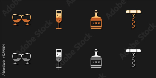 Set Glass of cognac or brandy, champagne, Alcohol drink Rum bottle and Wine corkscrew icon. Vector