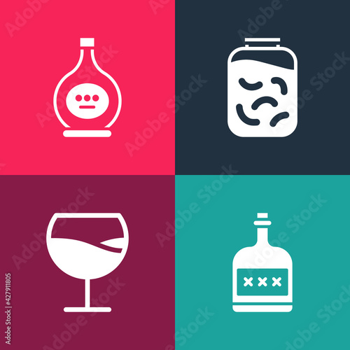 Set pop art Alcohol drink Rum bottle, Wine glass, Pickled cucumbers jar and Bottle of cognac or brandy icon. Vector