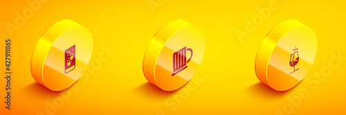 Set Isometric Effervescent tablets in water, Wooden beer mug and Cocktail icon. Vector