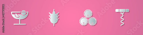 Set paper cut Cocktail, Hop, Wooden barrels and Wine corkscrew icon. Paper art style. Vector