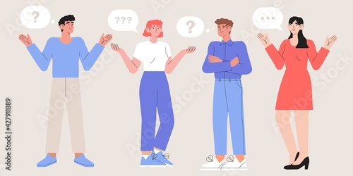 Thoughtful characters with question marks solving problems or searching solutions. Problem solving and choice. Set of thinking or puzzled people. Frequently asked questions concept.