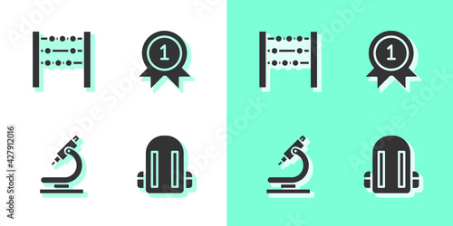 Set School backpack, Abacus, Microscope and Medal icon. Vector