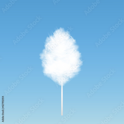 Cotton candy isolated on blue sky background. White Sugar clouds or Candy floss, 3d vector Mesh tool